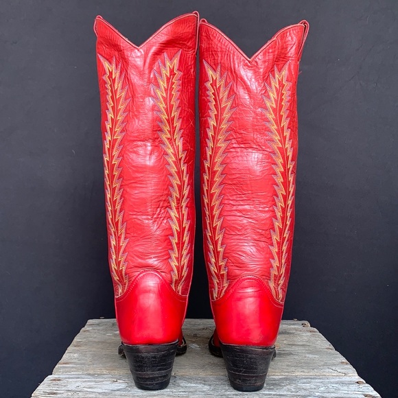 LARRY MAHAN Vintage Red Tall Knee High Cowgirl Cowboy Western Boots Size 7.5 - Picture 4 of 9